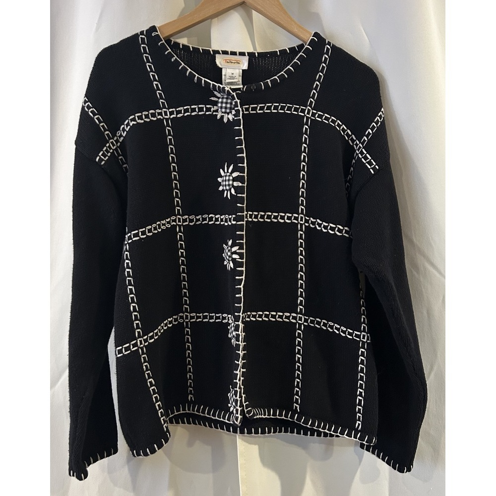Talbots Sz M Sunflower Black White Knit Cardigan Countrycore Patchwork‎